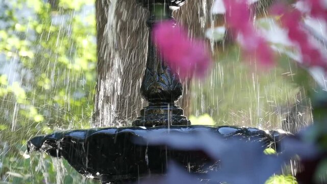New York Manhattan Midtown Madison Square Park, United States of America. Birds bathing in fountain water splashes. Summer greenery on 5 fifth avenue and Broadway corner, Flatiron district city life.