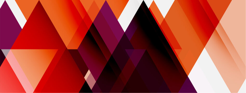 Abstract geometric pattern. Red, orange, purple triangles overlap creating dynamic visual texture. Minimalist design.