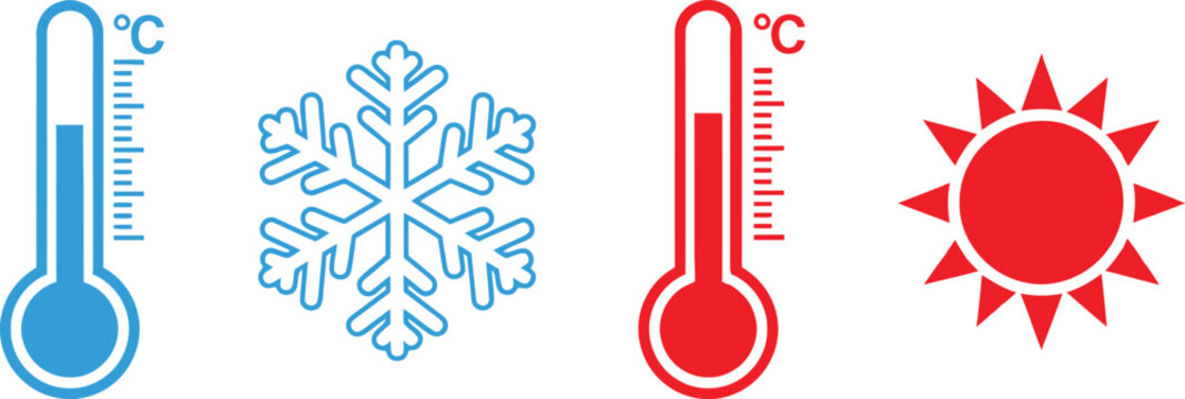 Thermometer icons with snowflake and sun symbols for hot and cold weather temperature measurement Vector