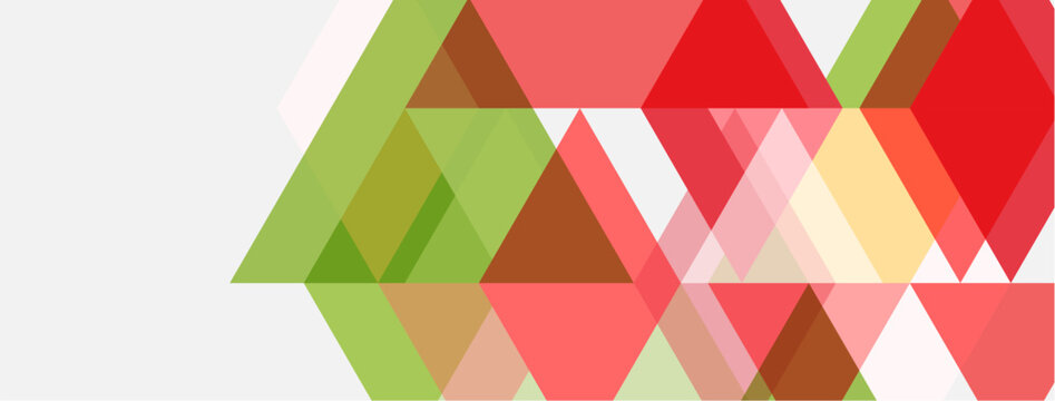Abstract geometric shapes, triangles dominate composition. Colors include red, green, beige, white. Modern design, clean lines present.