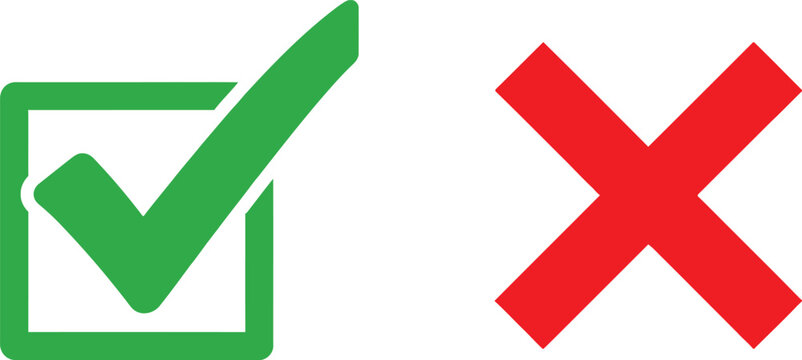 Green check mark and red x cross sign icon set for survey choice and correct or incorrect options Vector