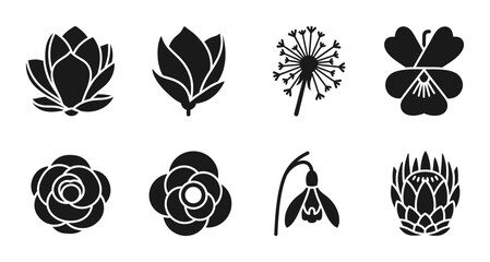 8 Flower silhouette icons rose magnolia dandelion snowdrop, solid black style, floral nature set © Vectinplus