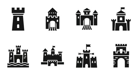 8 Castle silhouette icons tower fortress gate, solid black style, medieval architecture set © Vectinplus