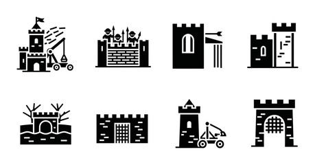 8 Medieval Castle silhouette icons catapult trebuchet fortress walls, solid black style, history architecture © Vectinplus