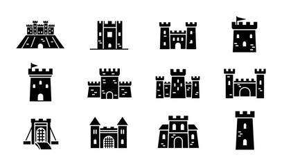 12 Castle silhouette icons towers fortress gates, solid black style, medieval architecture set © Vectinplus