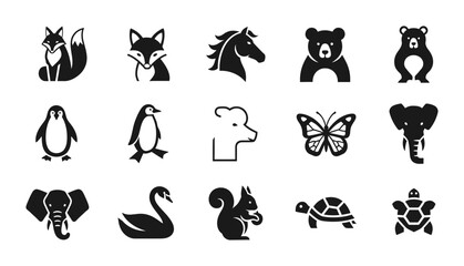 Fototapeta premium 15 Wild Animal silhouette icons fox horse bear penguin butterfly elephant swan, solid black style, nature set