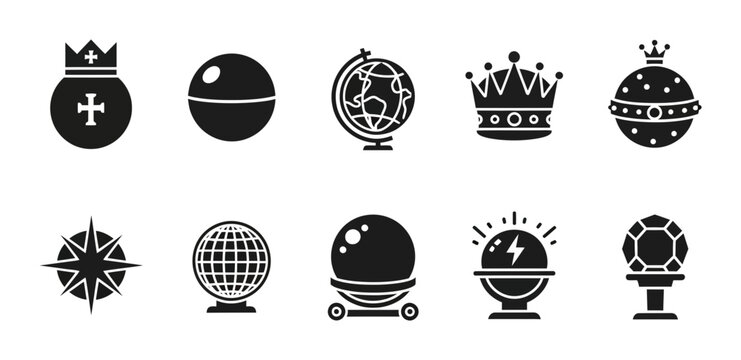 10 Royal Artifact silhouette icons crown globe orb diamond, solid black style, history museum collection