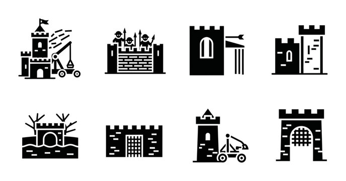 8 Medieval Castle silhouette icons catapult trebuchet fortress walls, solid black style, history architecture