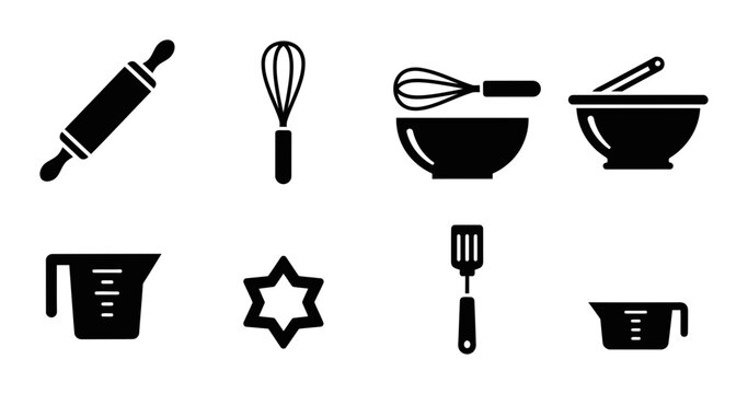8 Baking silhouette icons rolling pin whisk bowl spatula measuring cup, solid black style, kitchen food tools