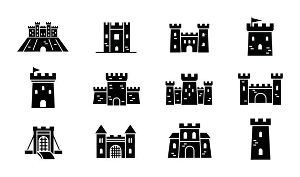 12 Castle silhouette icons towers fortress gates, solid black style, medieval architecture set