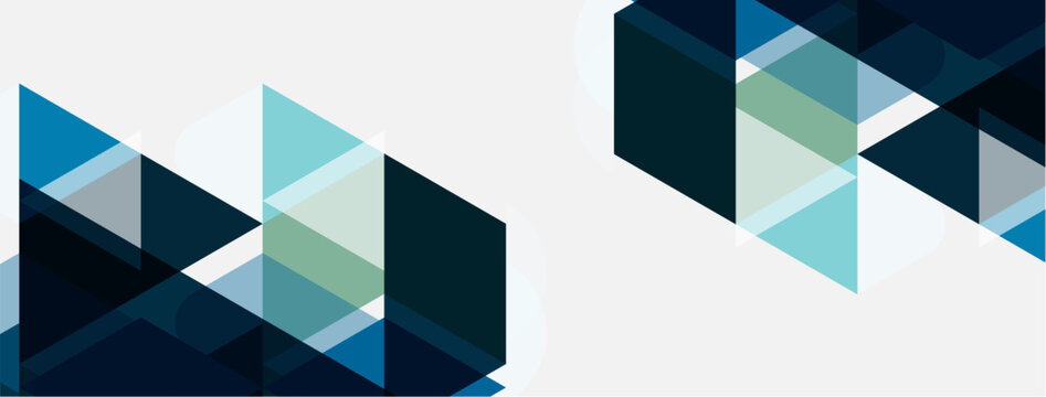Abstract geometric shapes overlap, creating layered blue, gray tones. Minimalist design with clean lines, modern aesthetic.