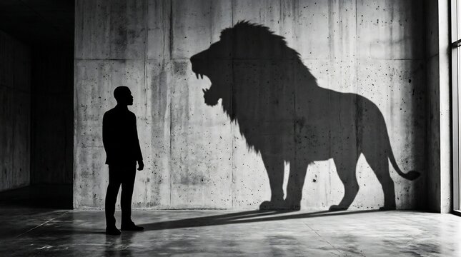 Businessman stands before a concrete wall projecting a shadow of a roaring lion to symbolize the inner strength and hidden power residing within a person in a minimalist industrial interior setting.