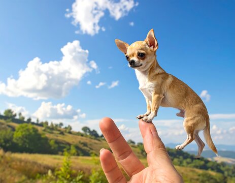 A small canine balances atop a finger, set against a backdrop of a rolling green landscape and a brilliant blue sky dotted with puffy white clouds