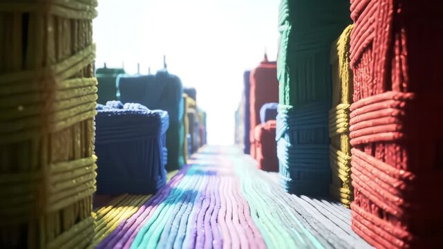 Macro view moving through a miniature colorful city made entirely of bundled yarn and string forming buildings and a textured street