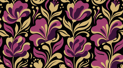 Elegant Floral Pattern with Purple and Gold Flowers on Black Background © Robich Art