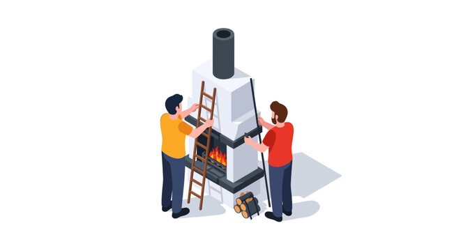 Two men installing a modern fireplace with tools and ladder.