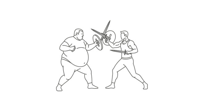 Two Men Engage in a Sword Fight with Shields in a Sketch.
