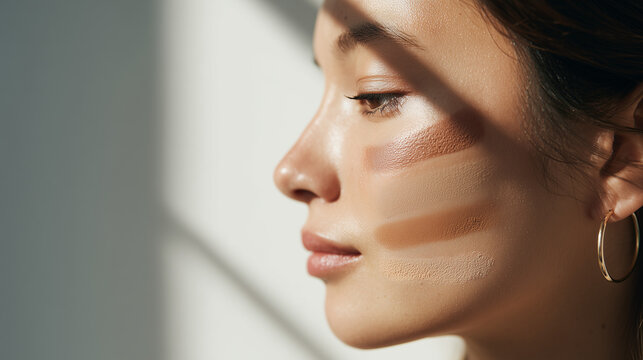 Woman testing foundation shades on cheek. Girl applying cosmetic swatches for skin tone matching. Beauty routine concept for face makeup, skincare, and natural glowing complexion care.
