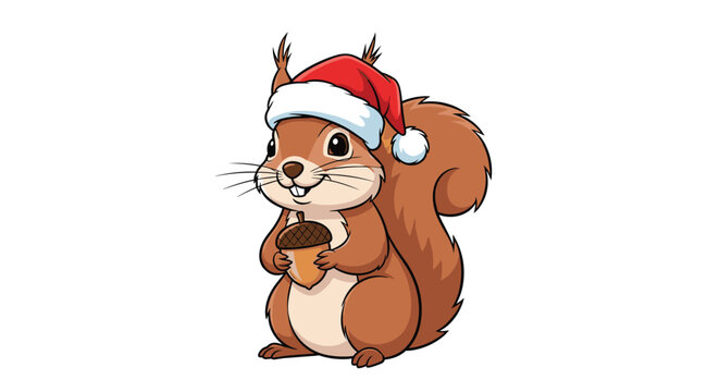 Cute squirrel wearing a red Santa hat holds an acorn and smiles warmly in a festive winter holiday illustration for children.