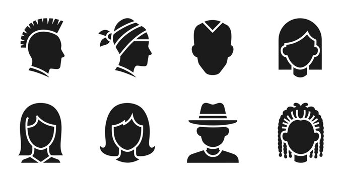 8 People Avatar Silhouette Icons Mohawk Bandana Hat Dreadlocks, Solid Black Style, Lifestyle Set