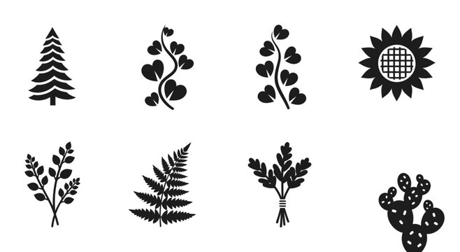 8 Plant silhouette icons sunflower fern cactus pine tree, solid black style, nature environment