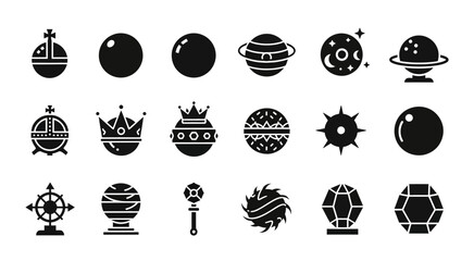 18 Magic Fantasy silhouette icons crown crystal ball planet scepter, solid black style, gaming rpg © Taskin
