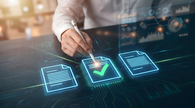 Digital document approval and e-signature concept. Businessman using stylus pen to validate electronic contract with glowing green checkmark.
