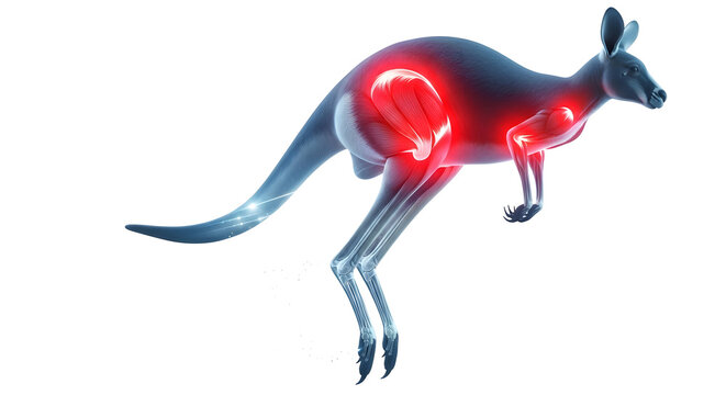 Kangaroo jumping anatomical illustration with blue skeletal structure and red glowing muscles on white background