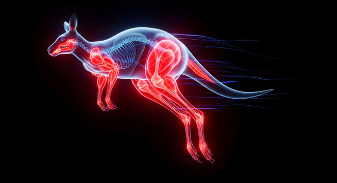Kangaroo jumping anatomical illustration with glowing blue skeleton and red muscles on black background