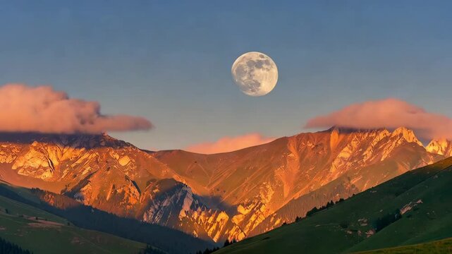 Slow pan shot of full moon rising over mountain range with alpenglow across alpine valley at sunset