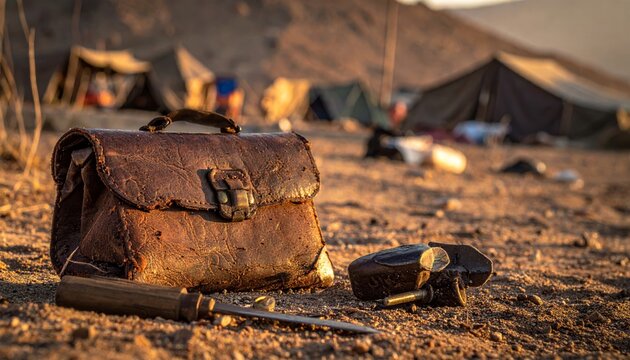 Worn Leather Pouch with Spilled Contents in Desert Camp