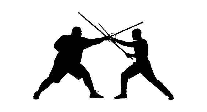 Two Fencers Silhouetted in Dynamic Combat Posing with Swords.