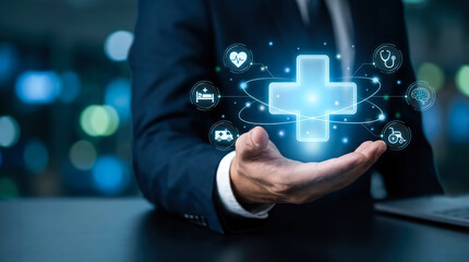 Fototapeta premium Businessman holding digital medical cross icon with healthcare icons network on dark background