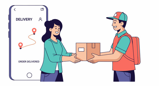 Courier handing cardboard box to woman with mobile tracking app
