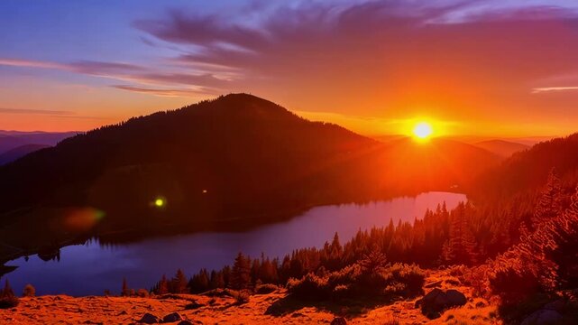 Time lapse panoramic pan of sun setting behind mountain over alpine lake shoreline in mountain valley at sunset