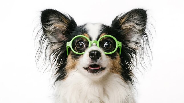 A charming small dog with big ears wearing humorous green eyeglasses, looking comically intelligent and surprised