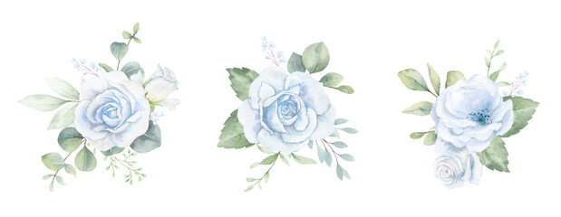 Watercolor Bouquet set of  blue rose, sage green foliage, greenery and eucalyptus leaves. Floral background. Perfect for wedding, greetings, wallpapers, fashion, fabric. Hand painted illustration. © ElenaMedvedeva