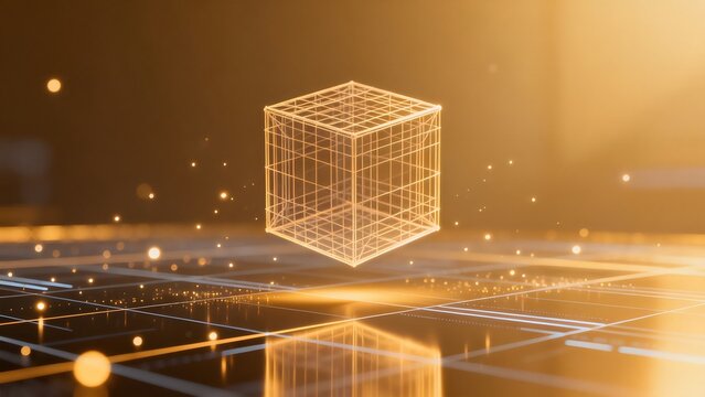 Abstract glowing wireframe cube on reflective surface