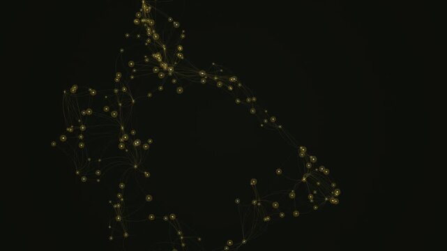 Golden plexus network motion, glowing digital particles connected by thin lines, abstract data visualization on black background