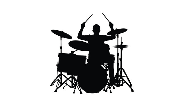 Drummer playing drum kit in black silhouette high quality professional