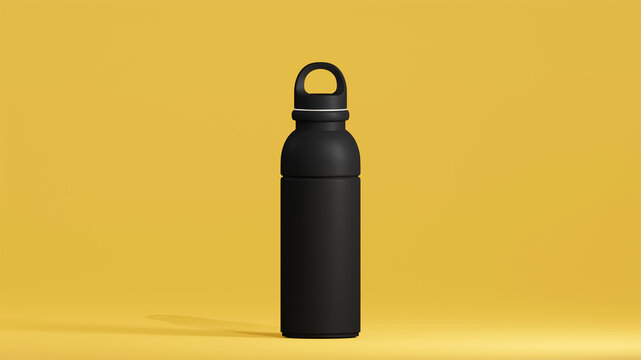 drinking bottle with modern design, black tumbler stand over mikado background