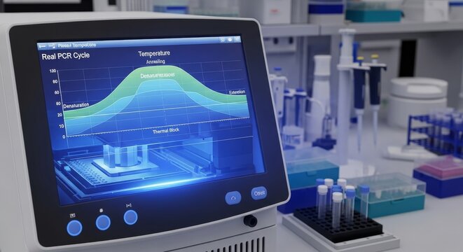 Laboratory PCR machine displaying temperature cycling graph