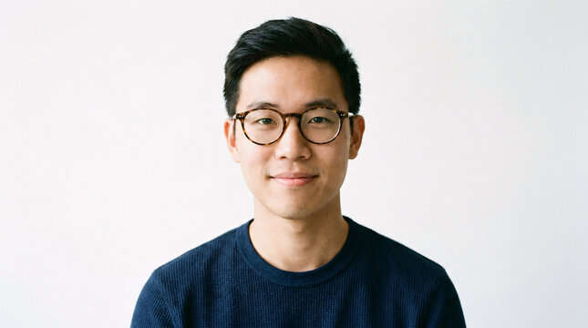 Portrait of a confident young Asian man wearing glasses smiling at camera on white background