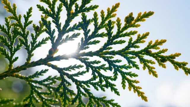 Sunlit leaves of cedar seen from below against clear sky, radiant backlight through fan shaped conifer branch, bright botanical texture, clean evergreen nature close up background art print scene