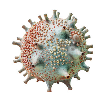 Detailed 3D medical illustration of Hantavirus particle showing lipid envelope and glycoprotein spikes on white background 