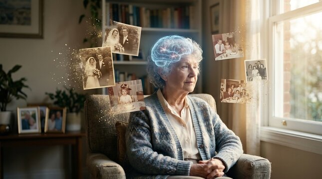 Elderly woman sits in an armchair by a window contemplating her past as floating vintage photographs of family members and a glowing holographic brain icon materialize around her in a living room.