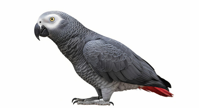 African Grey parrot standing isolated on white background.