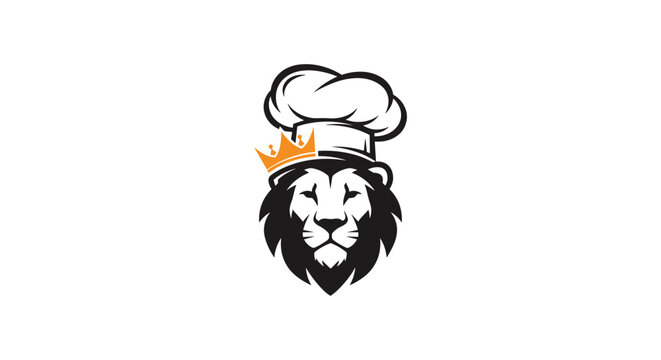 Majestic lion head wearing a white chef toque and a small golden crown representing a king of the kitchen or gourmet.