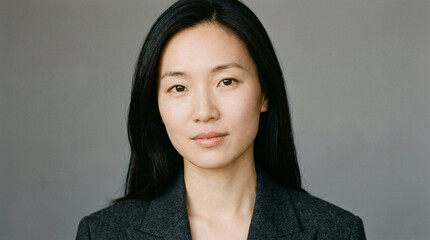 Fototapeta premium Professional portrait of a young East Asian businesswoman in a dark blazer against a gray background