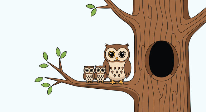 Family of three brown owls consisting of one large parent and two small chicks perched on a tree branch near a nest.